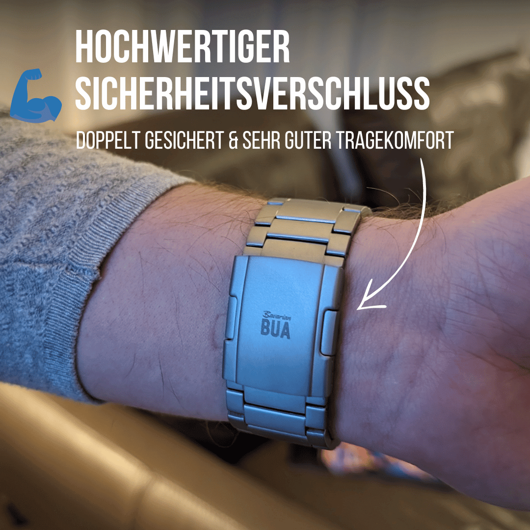 Silbernes Titanarmband Verschluss für die Apple Watch Ultra, dargestellt am Handgelenk.