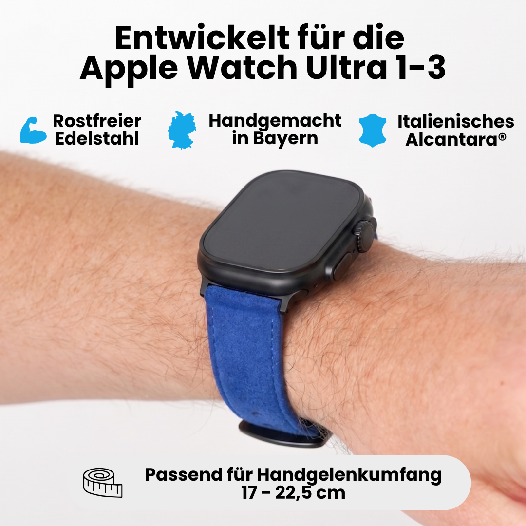 Blaues Alcantara Armband für Apple Watch Ultra 1–3 mit Edelstahl, handgemacht in Bayern und passendem Handgelenkumfang 17–22,5 cm