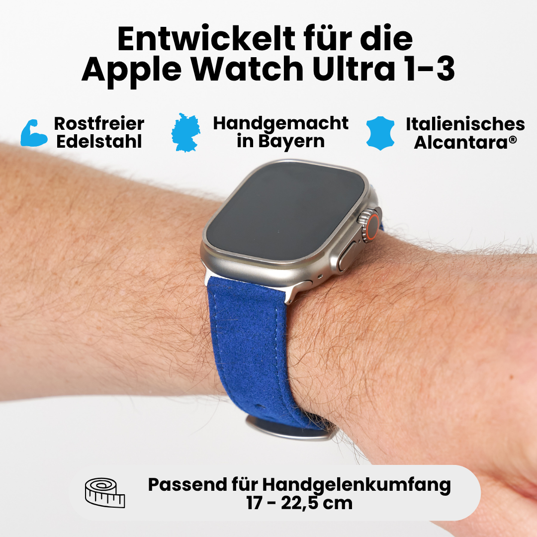 Blaues Alcantara Armband für Apple Watch Ultra 1–3 mit Edelstahl, handgemacht in Bayern und passendem Handgelenkumfang 17–22,5 cm