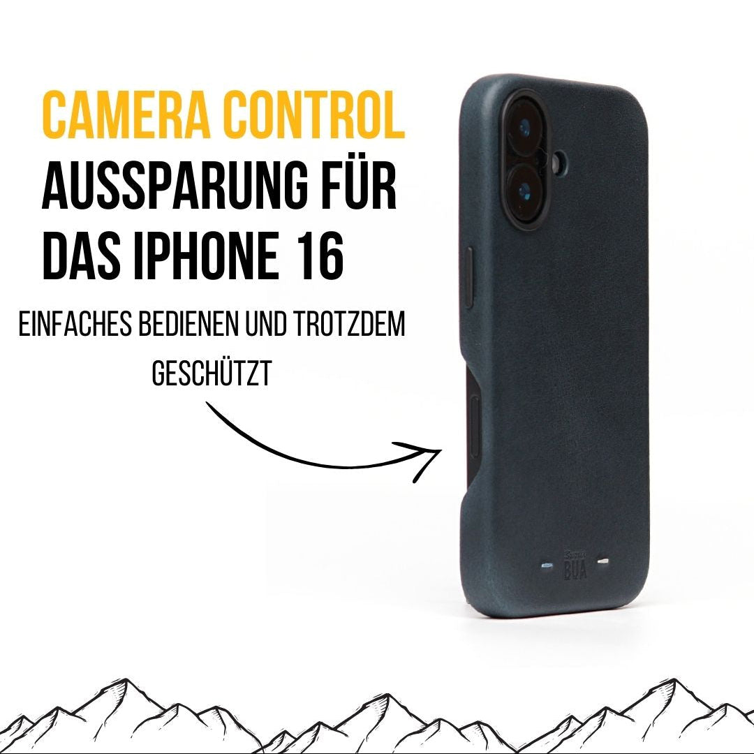 dunkelblaue iPhone-16-Hülle mit seitlicher Aussparung für die Camera-Control-Taste, dargestellt auf weißem Hintergrund.