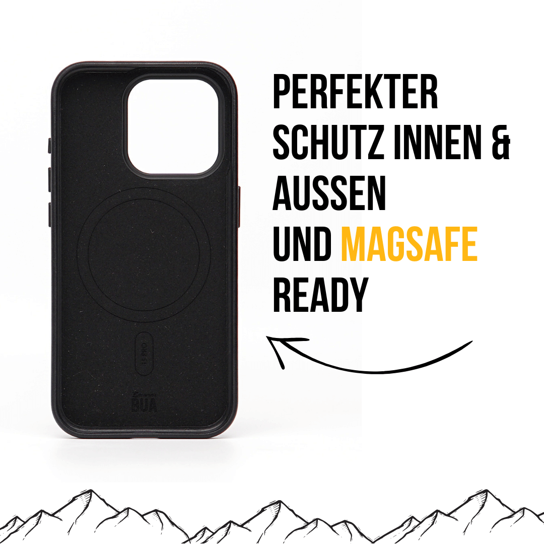 Schwarze iPhone 16 Pro Max Hülle innen aus Mikrofaser und mit MagSafe, dargestellt auf weißem Hintergrund.