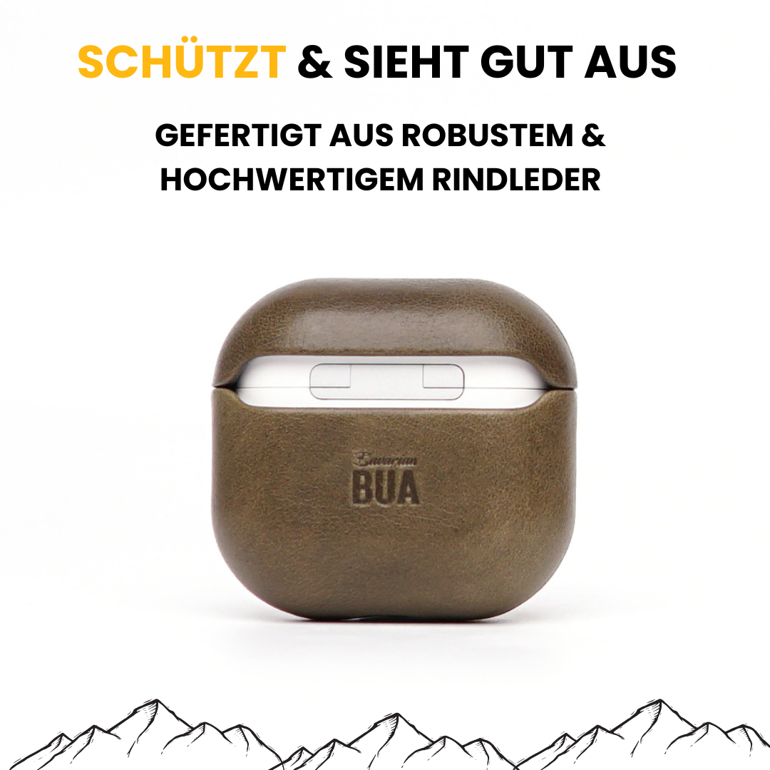 Leder Hülle für Airpods olive leder auf weißem Hintergrund