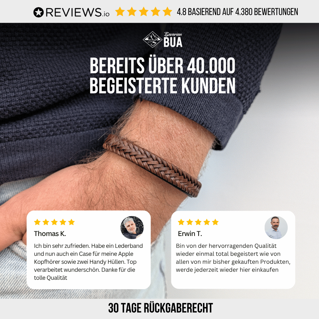 Kundenbewertungen zu Bavarian BUA mit zwei Kundenstimmen und Hinweis auf 30 Tage Rückgaberecht; Armband Flecht am Handgelenk.