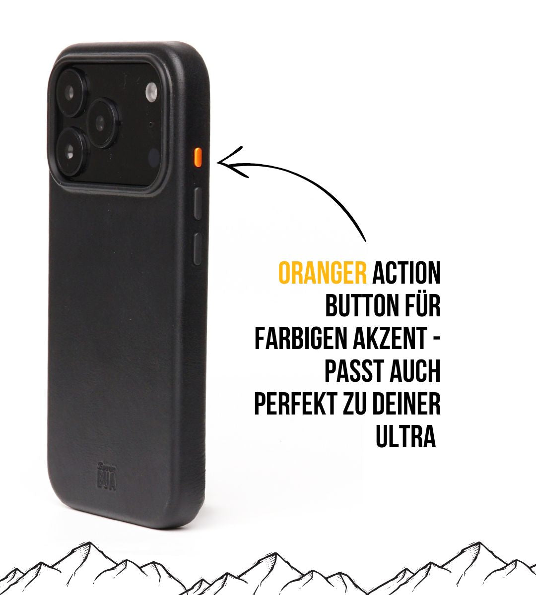 Schwarze iPhone Leder Hülle Produktinformation Action Button