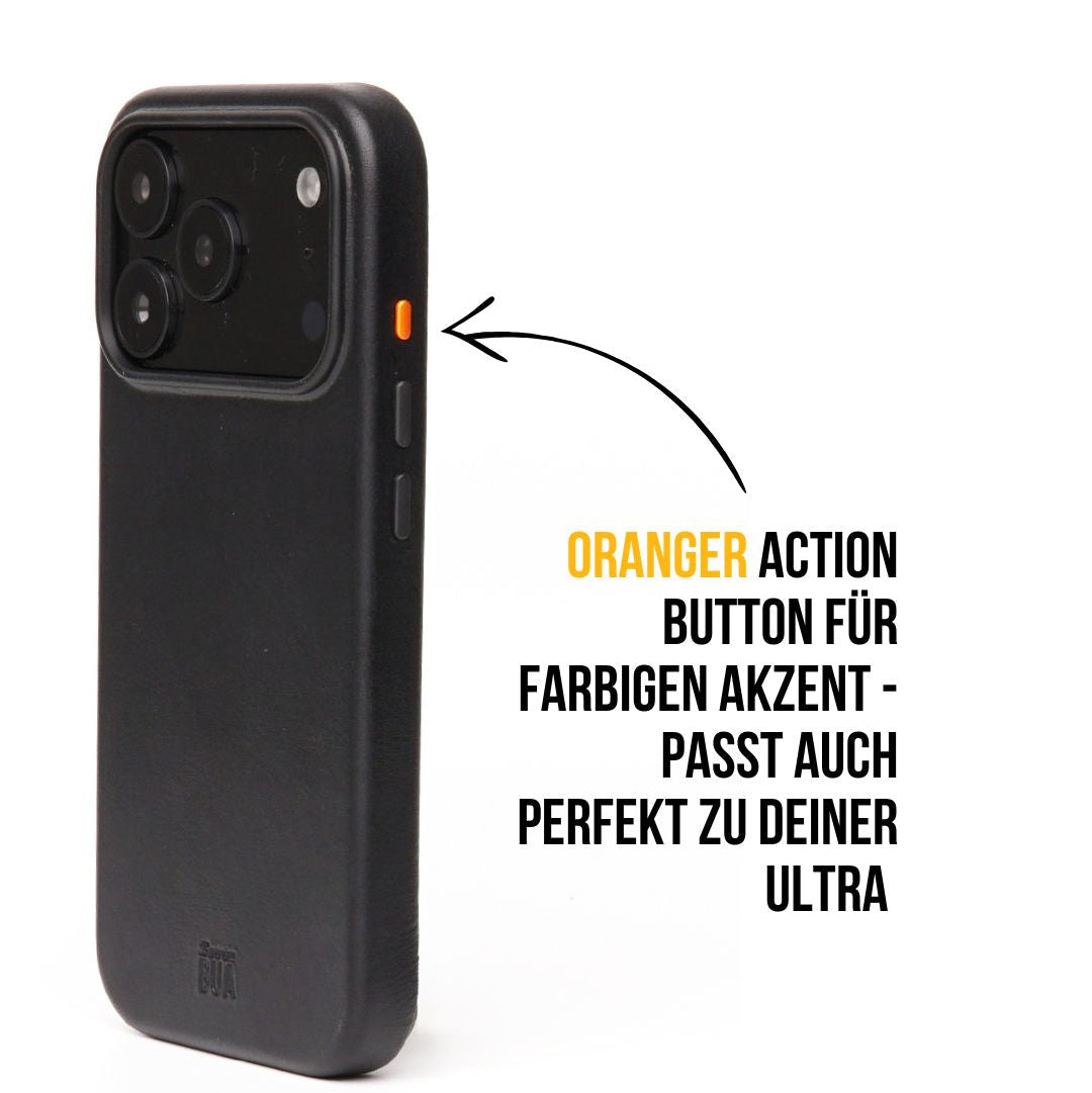 Schwarze iPhone Leder Hülle Produktinformation Action Button