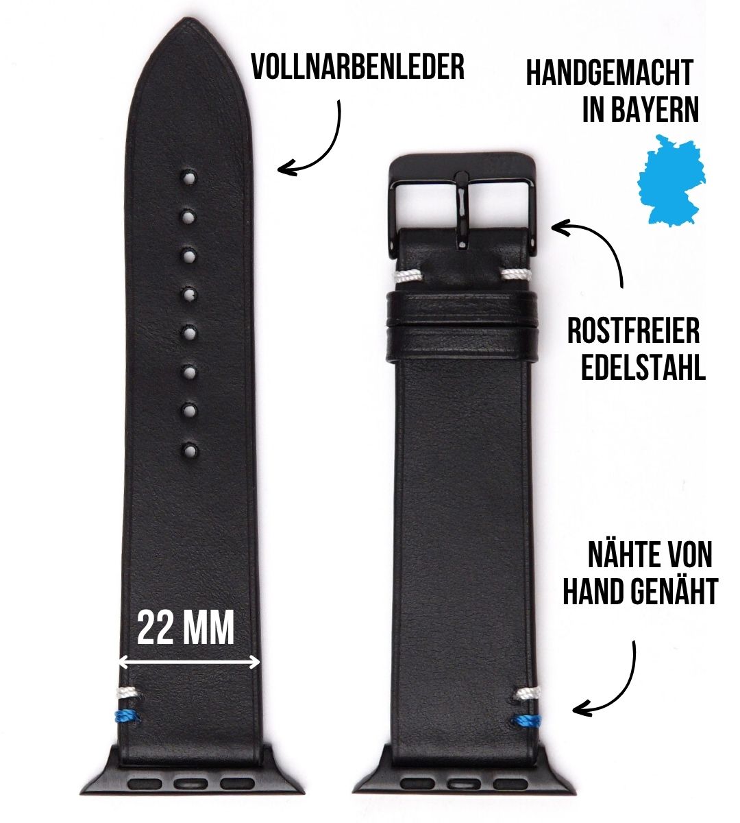 Weiches Lederband für die Apple Watch aus Vollnarbenleder in Schwarz