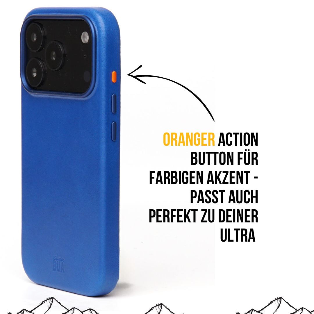 Blaue iPhone 17 Leder-Hülle mit MagSafe Produktinformationen