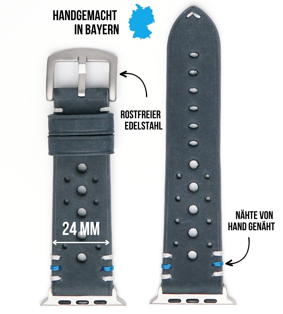 Racing Armband für die Apple Watch Ultra 1, 2 und 3 aus Echtleder | Blau