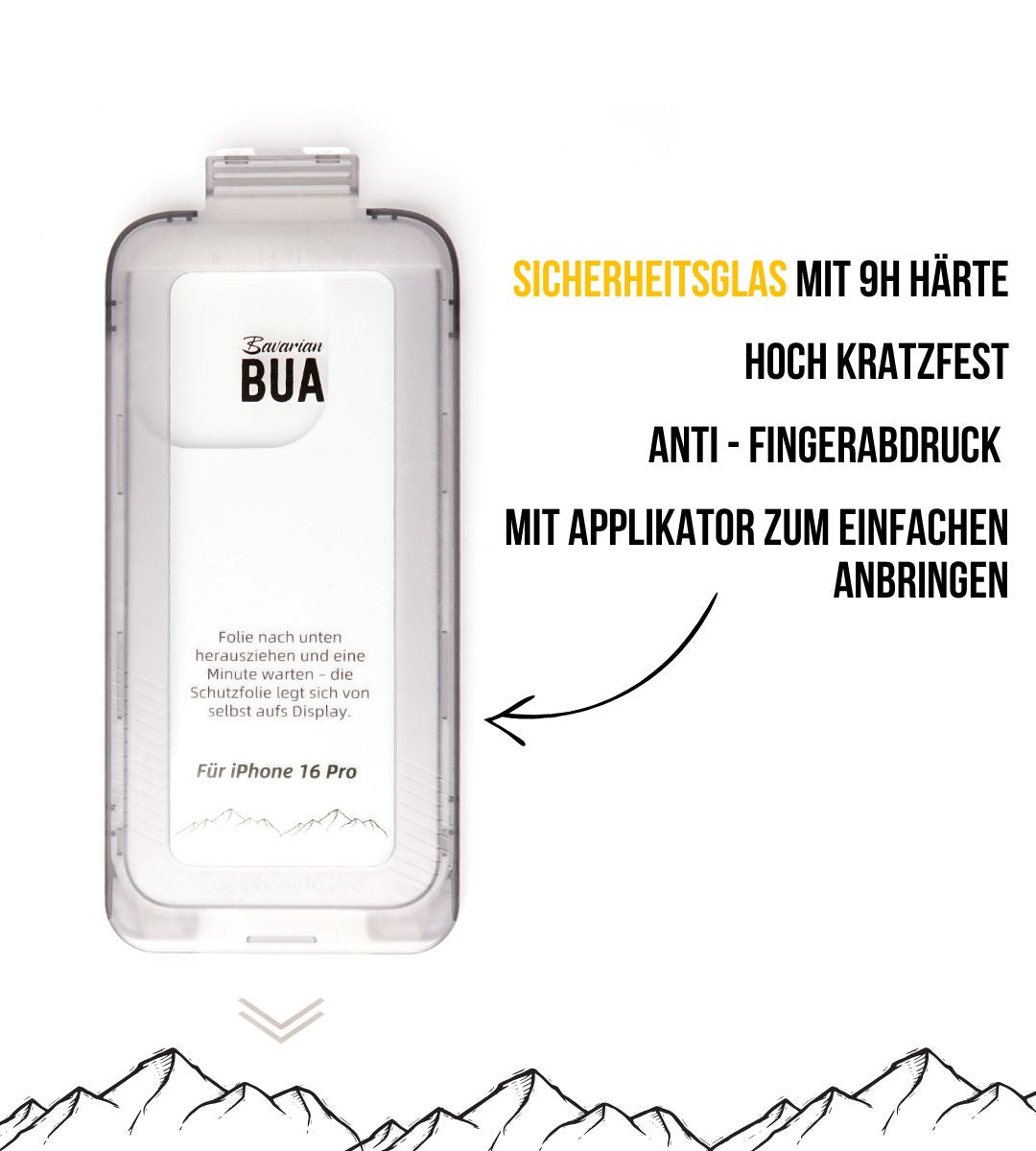 Schutzfolie iPhone 16Pro mit Applikator, 1 Stück
