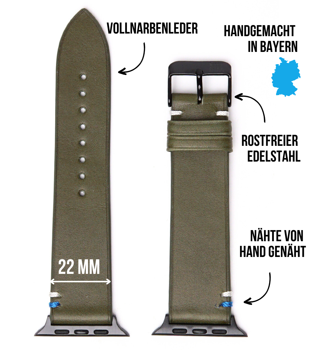 Weiches Lederband für Apple Watch aus Vollnarbenleder Olive