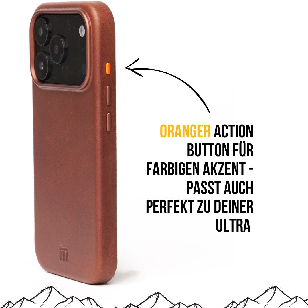 Braune iPhone 17 Leder-Hülle mit MagSafe Produktinformation Action Button
