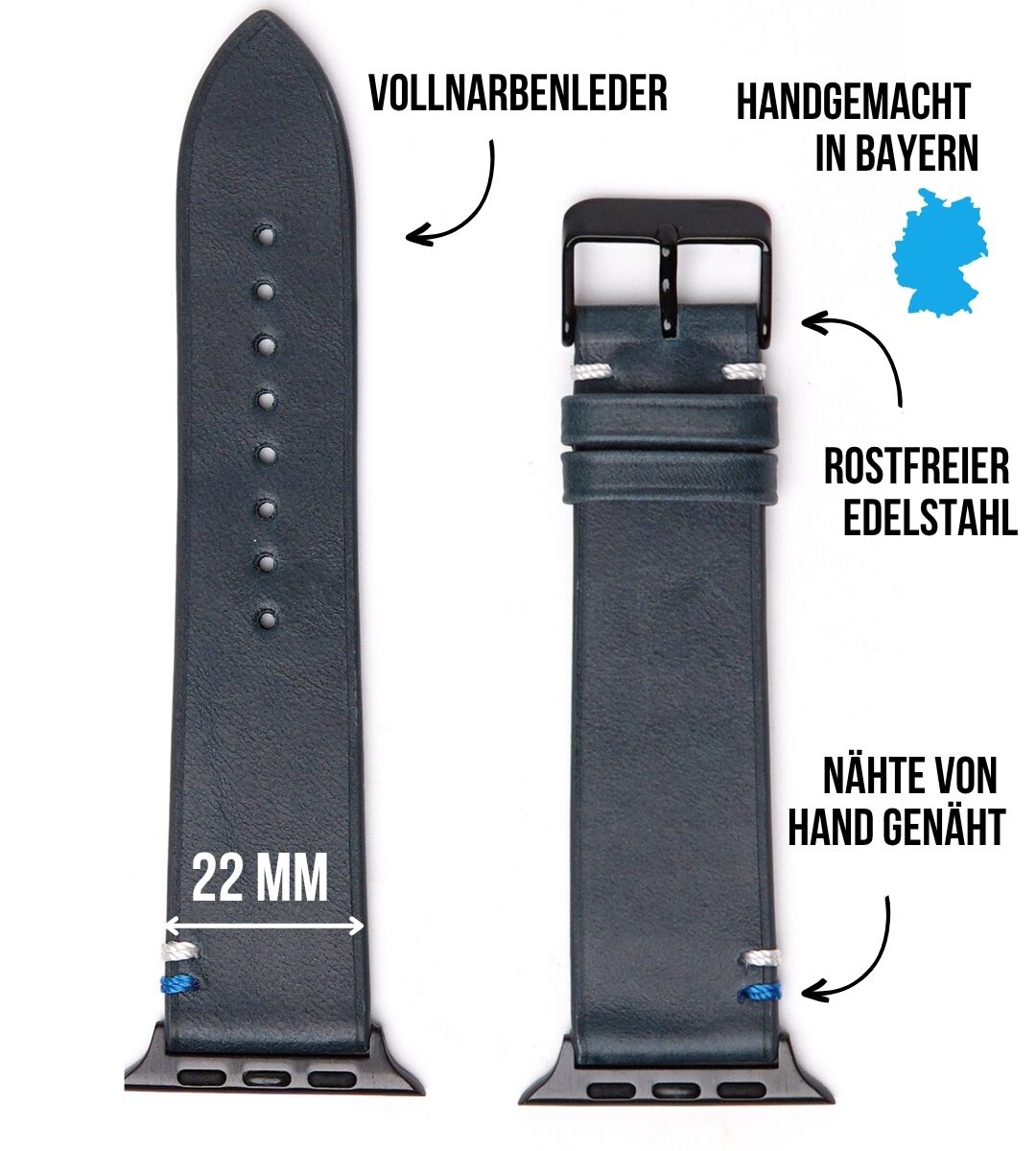 Weiches Lederband für Apple Watch aus Vollnarbenleder Blau