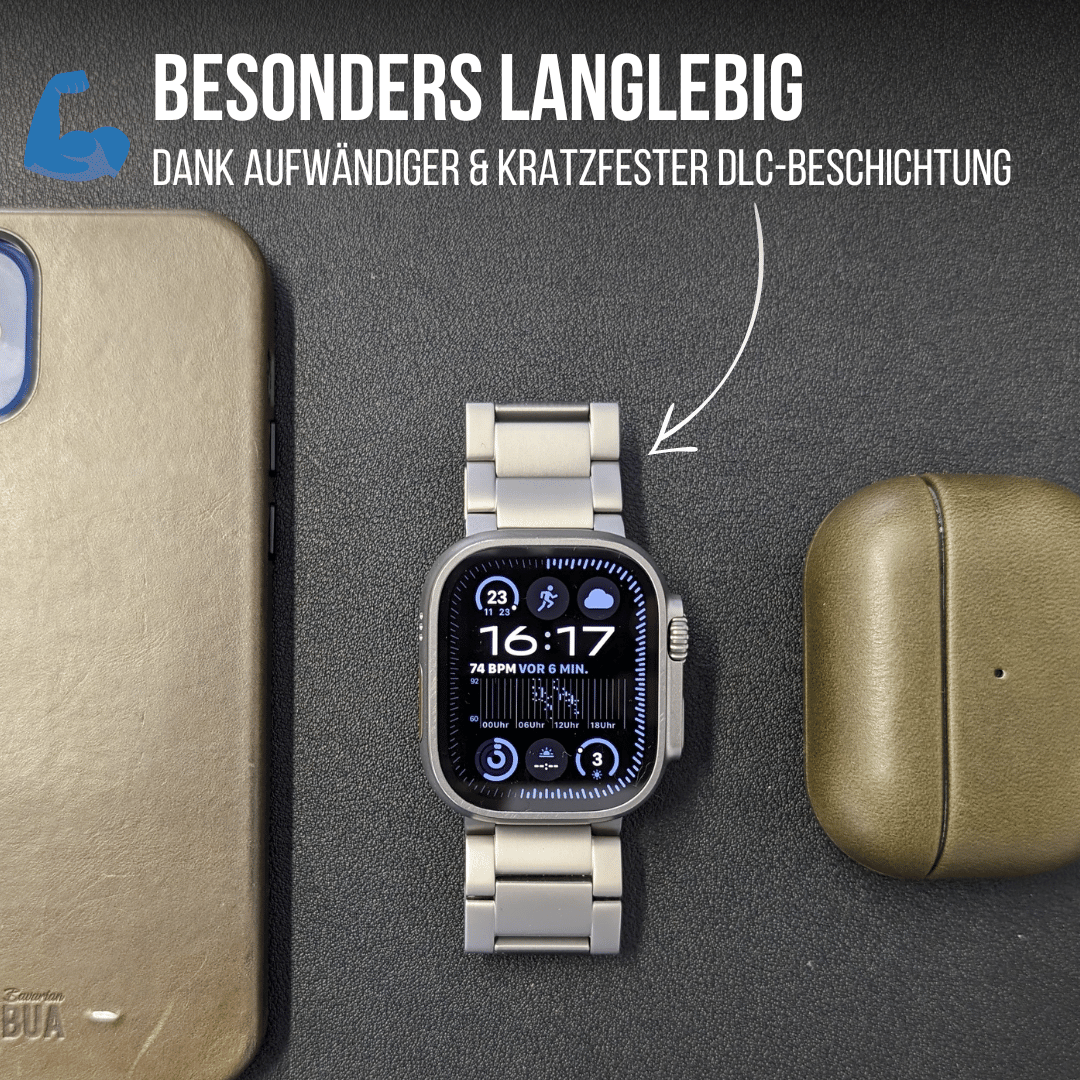 Silbernes Titanarmband für die Apple Watch Ultra, dargestellt auf schwarzem Hintergrund.