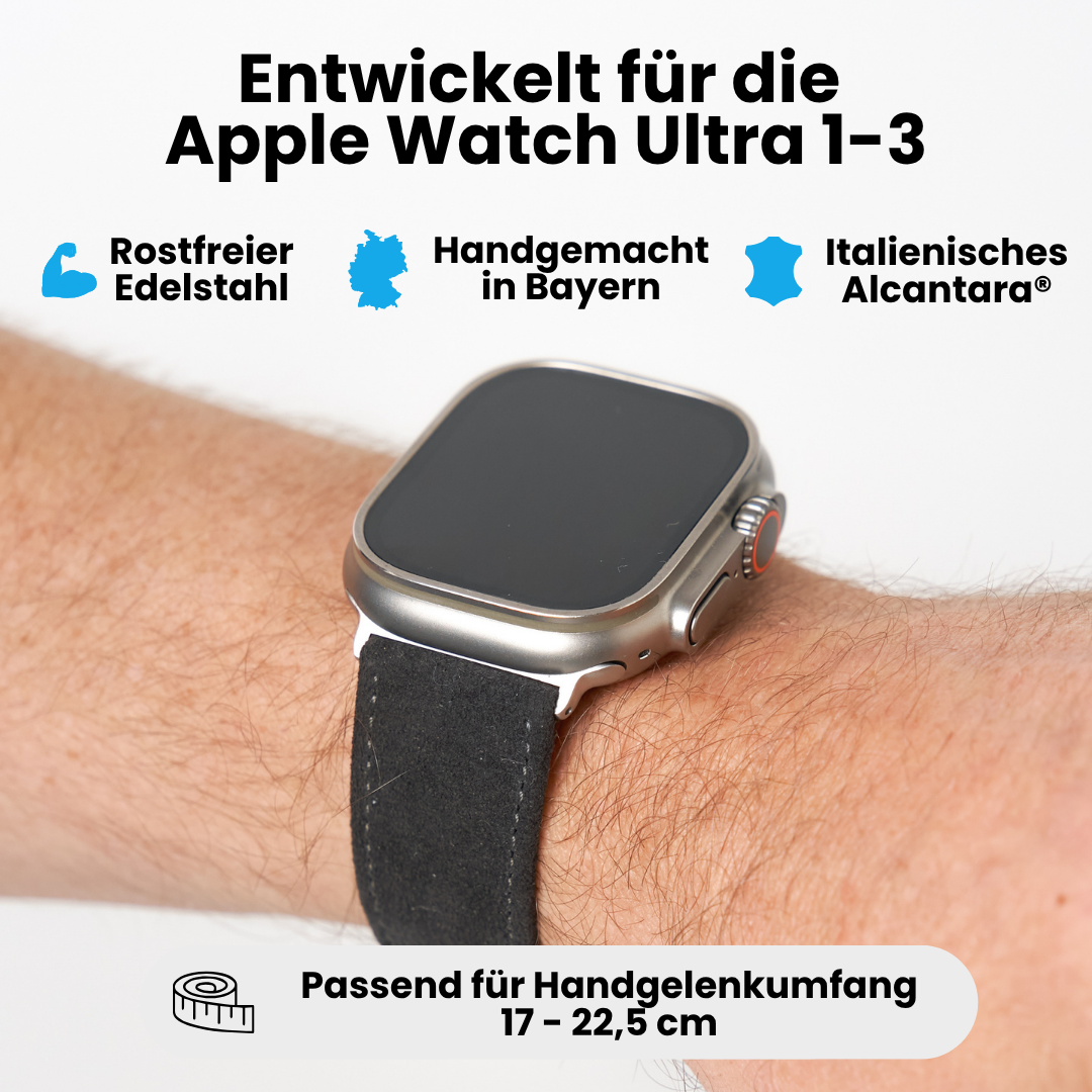 Anthracite Alcantara Armband für Apple Watch Ultra 1–3 mit Edelstahl, handgemacht in Bayern und passendem Handgelenkumfang 17–22,5 cm