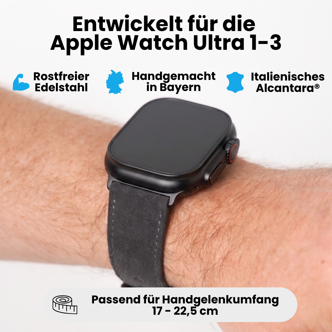 Anhtracite Alcantara Armband für Apple Watch Ultra 1–3 mit Edelstahl, handgemacht in Bayern und passendem Handgelenkumfang 17–22,5 cm