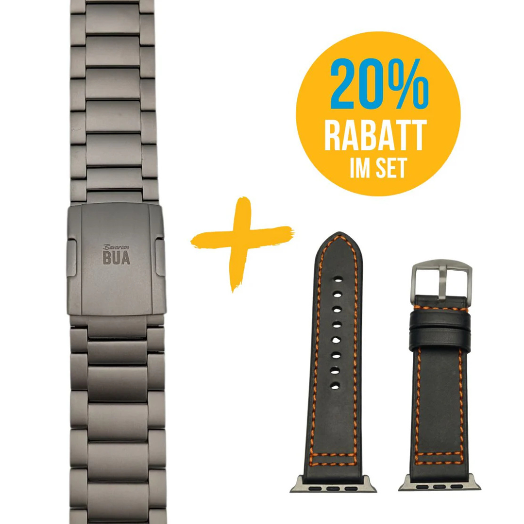 Set für Apple Watch Ultra | Titanband + Robustes Echtlederband Schwarz