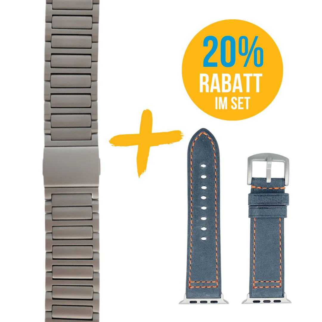 Set für Apple Watch Ultra | Titanband Magnet + Robustes Echtlederband Hellblau