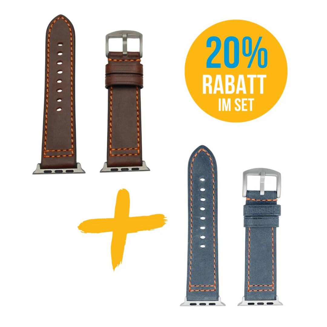 Set für Apple Watch Ultra | Leder Band Hellblau + Dunkelbraun