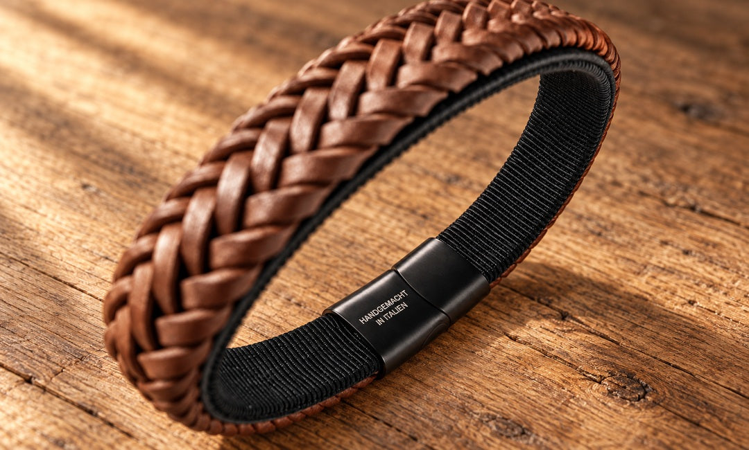 Braunes Lederarmband von Bavarian BUA auf Holz; die Gravur „HANDGEMACHT IN ITALIEN“ ist sichtbar.