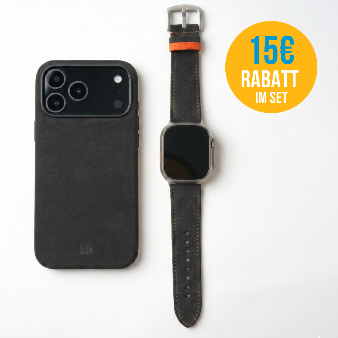 Alcantara Set – Apple Watch Band + iPhone Hülle ‚,Signature Anthrazit"