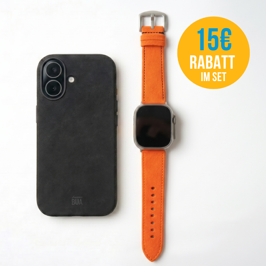 Alcantara Set – Apple Watch Band + iPhone Hülle ‚,Signature Orange"