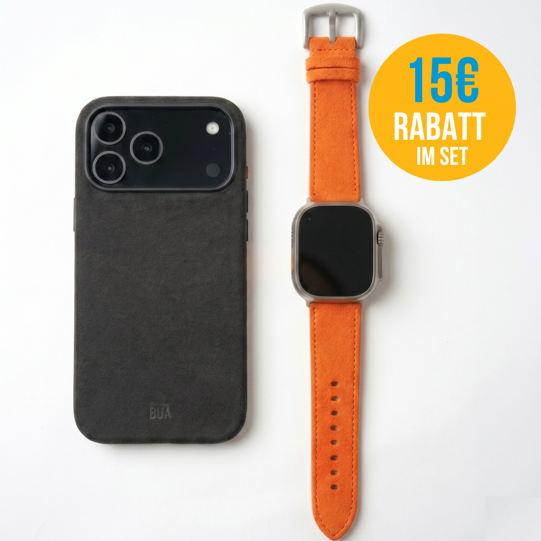 Alcantara Set – Apple Watch Band + iPhone Hülle ‚,Signature Orange"