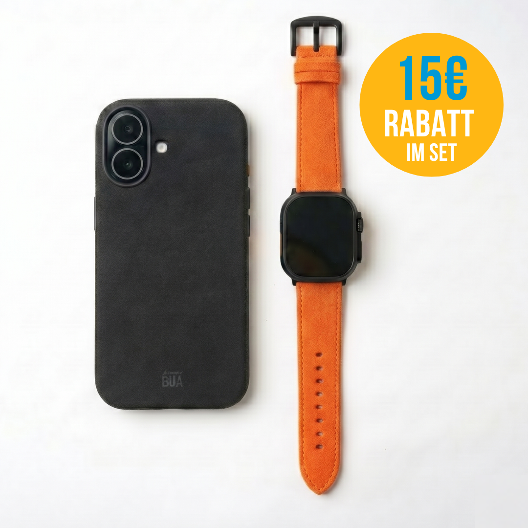 Alcantara Set – Apple Watch Band + iPhone Hülle ‚,Signature Orange"