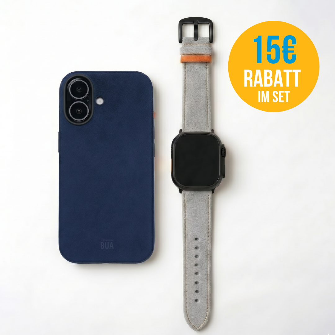 Alcantara Set – Apple Watch Band + iPhone Hülle ‚,Signature Hellgrau"