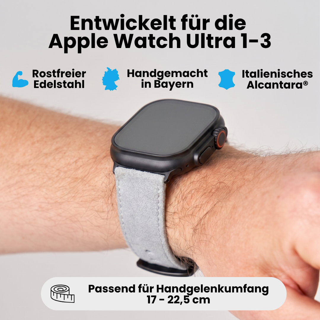 Hellgraues Alcantara Armband mit orangenen Ziernähten für Apple Watch Ultra 1–3, handgemacht in Bayern und passendem Handgelenkumfang 17–22,5 cm