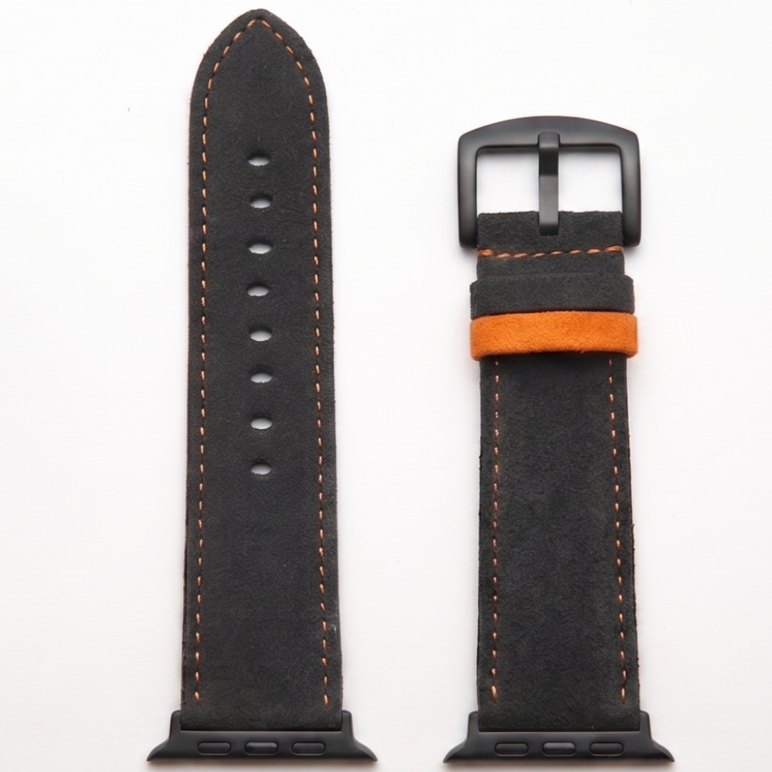 Anthrazites Alcantara Armband für Apple Watch Ultra mit orangefarbenen Nähten und schwarzer Edelstahl-Adapter 