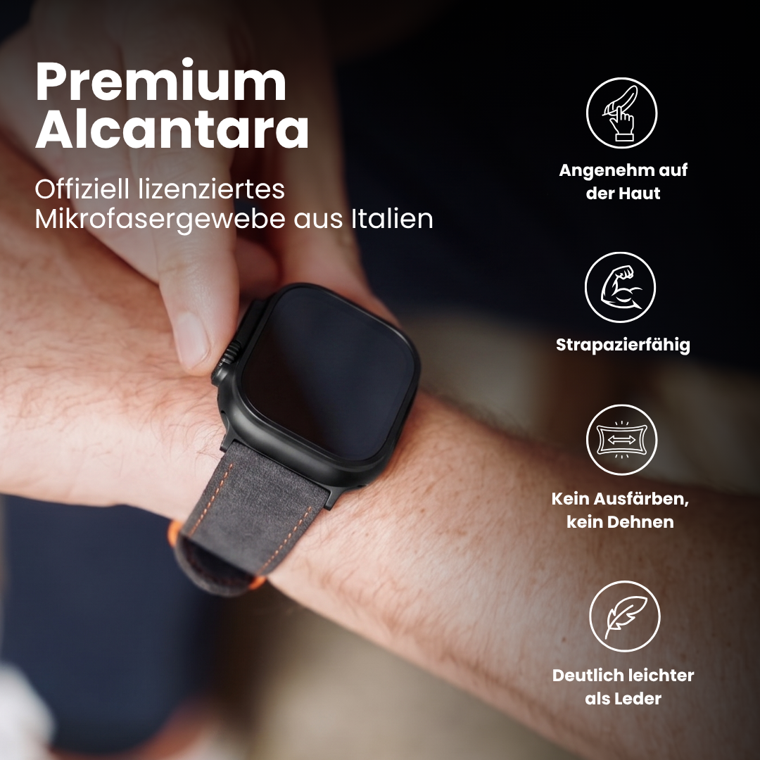 Premium Alcantara Armband für Apple Watch Ultra in Anthrazit/Orange, angenehm auf der Haut, strapazierfähig und leichter als Leder