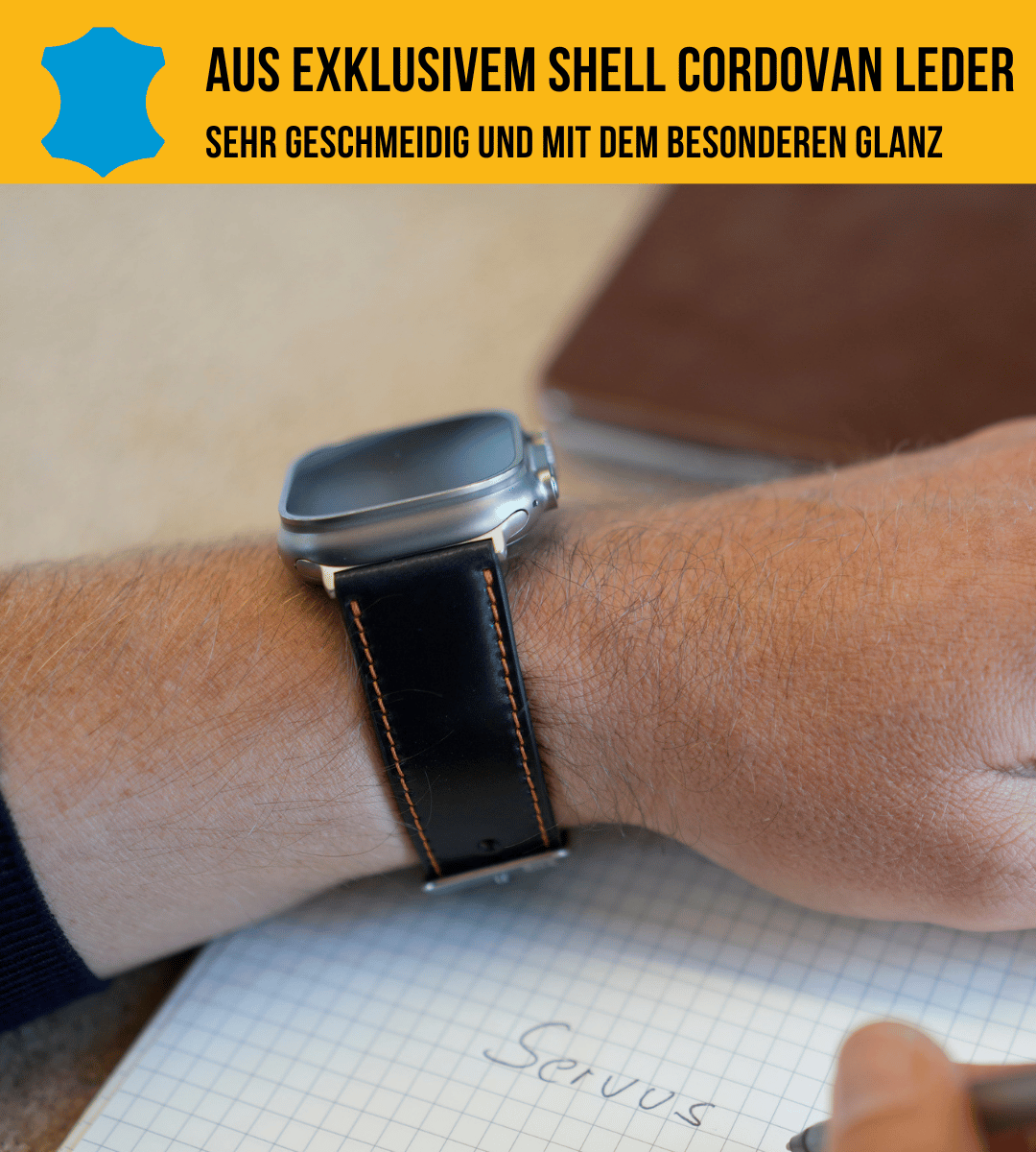 Shell Cordovan Lederband für die Apple Watch Ultra in edlem Schwarz