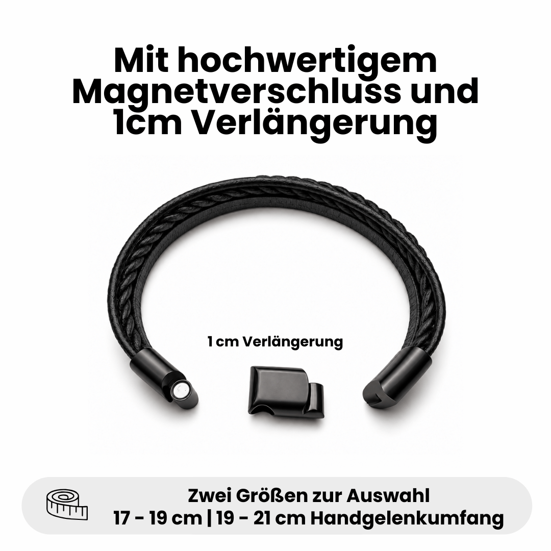 Bavarian BUA Armband Trio in Schwarz mit geöffnetem Magnetverschluss und 1 cm Verlängerung; Größen für 17–19 cm und 19–21 cm Handgelenkumfang.