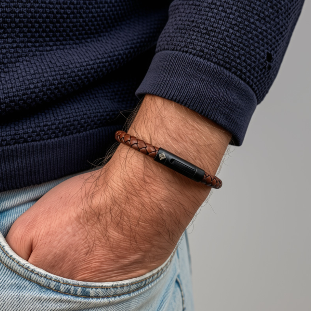 Bavarian BUA Armband Pur in Braun, rund geflochten, am Handgelenk zu dunkelblauem Strickpullover.