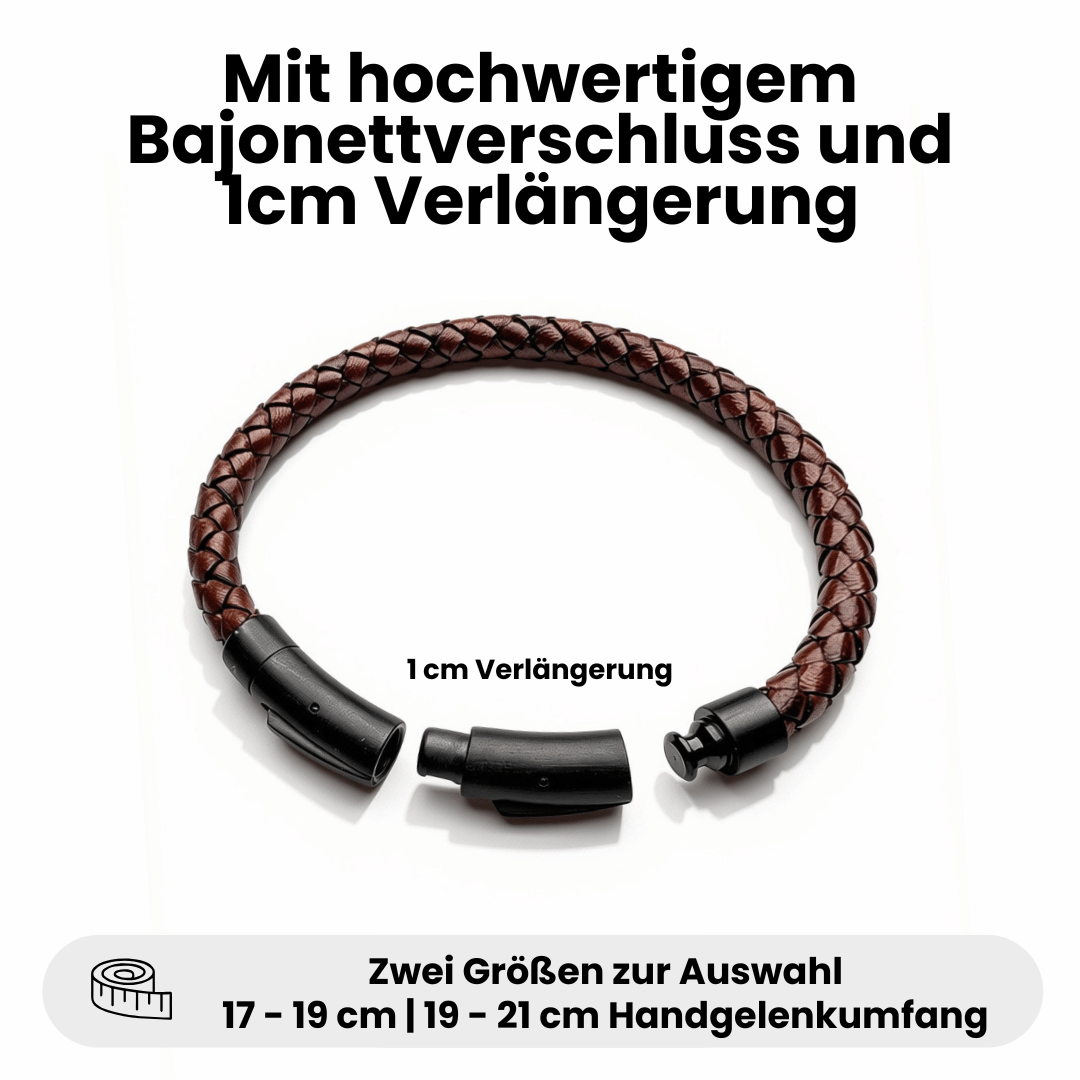 Bavarian BUA Lederarmband Pur in Braun mit geöffnetem Bajonettverschluss und separatem Verlängerungsstück von 1 cm; Angaben zum Handgelenkumfang.