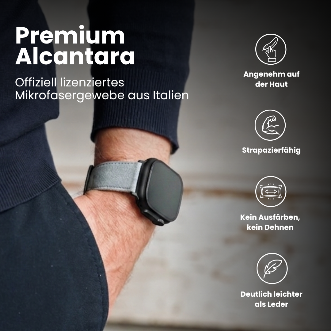 Premium Alcantara Armband für Apple Watch Ultra in Hellgrau, angenehm auf der Haut, strapazierfähig und leichter als Leder