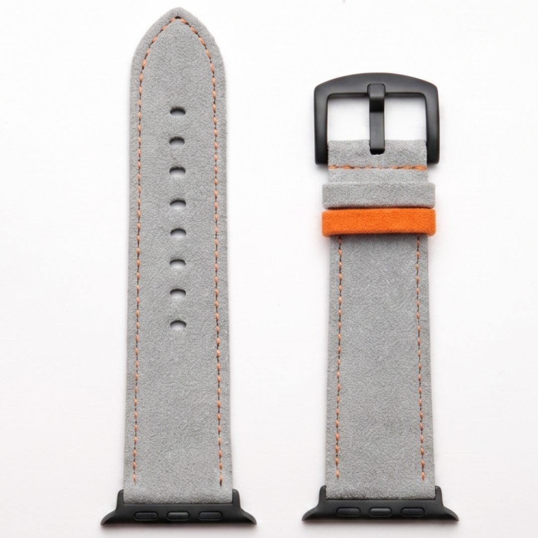 Graues Alcantara Armband für Apple Watch Ultra mit orangefarbenen Nähten und silbernem Edelstahl-Adapter 