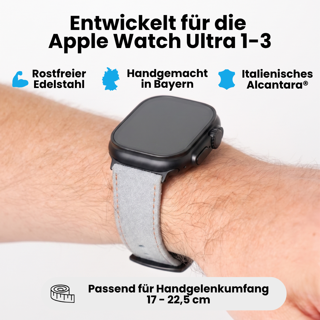 Hellgraues Alcantara Armband für Apple Watch Ultra 1–3 mit Edelstahl, handgemacht in Bayern und passendem Handgelenkumfang 17–22,5 cm