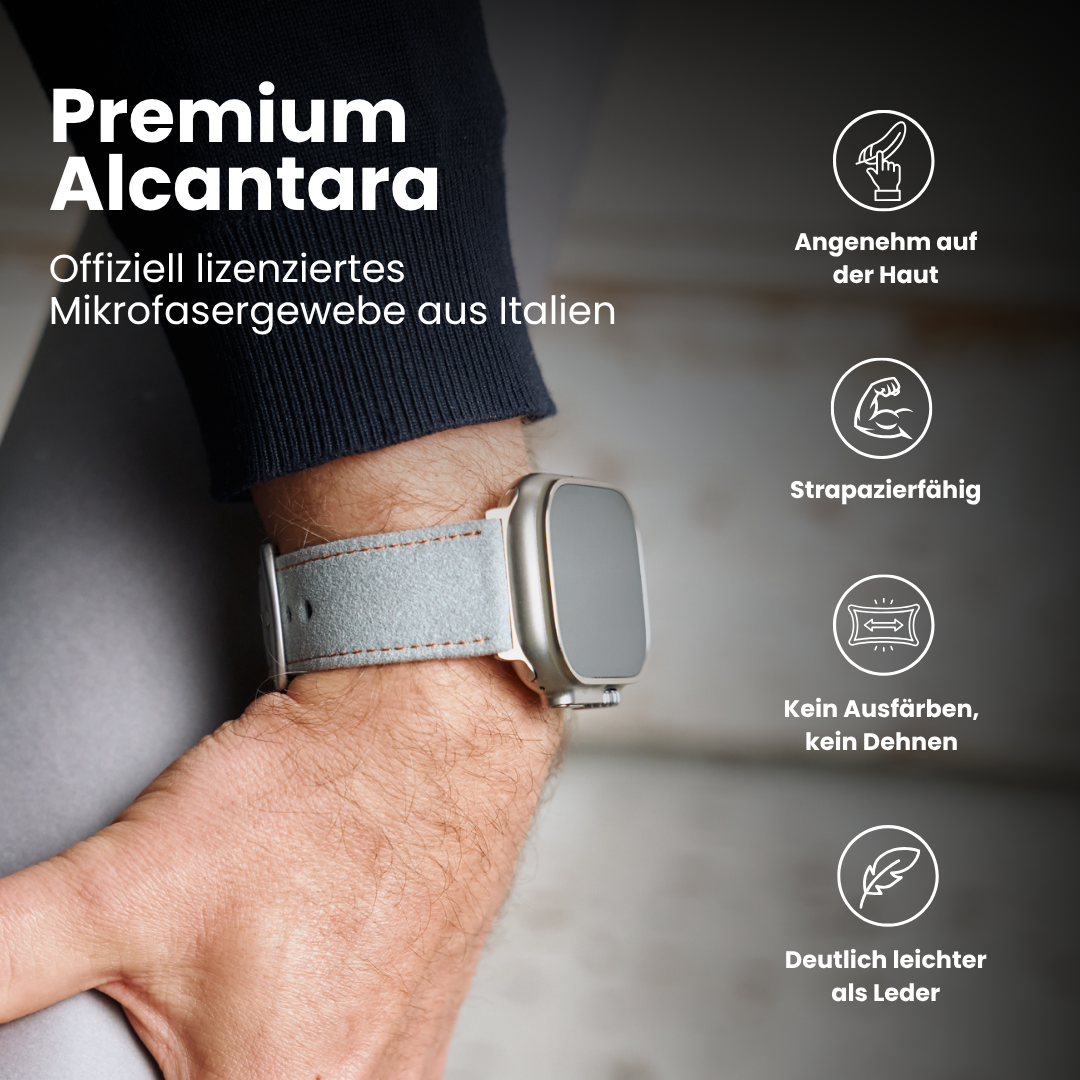 Premium Alcantara Armband für Apple Watch Ultra in Hellgrau/Orange, angenehm auf der Haut, strapazierfähig und leichter als Leder