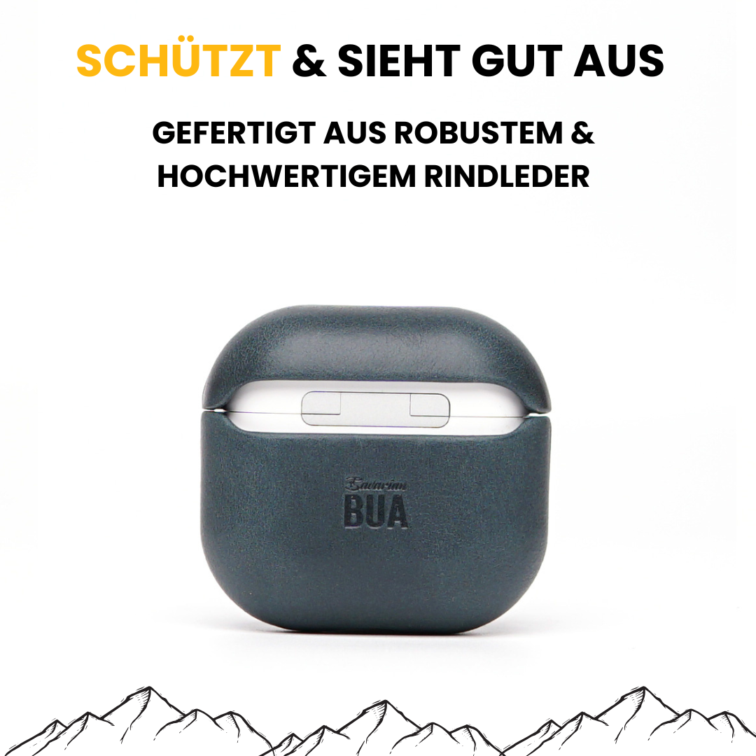 Leder Hülle für Airpods Blau Leder auf weißem Hintergrund