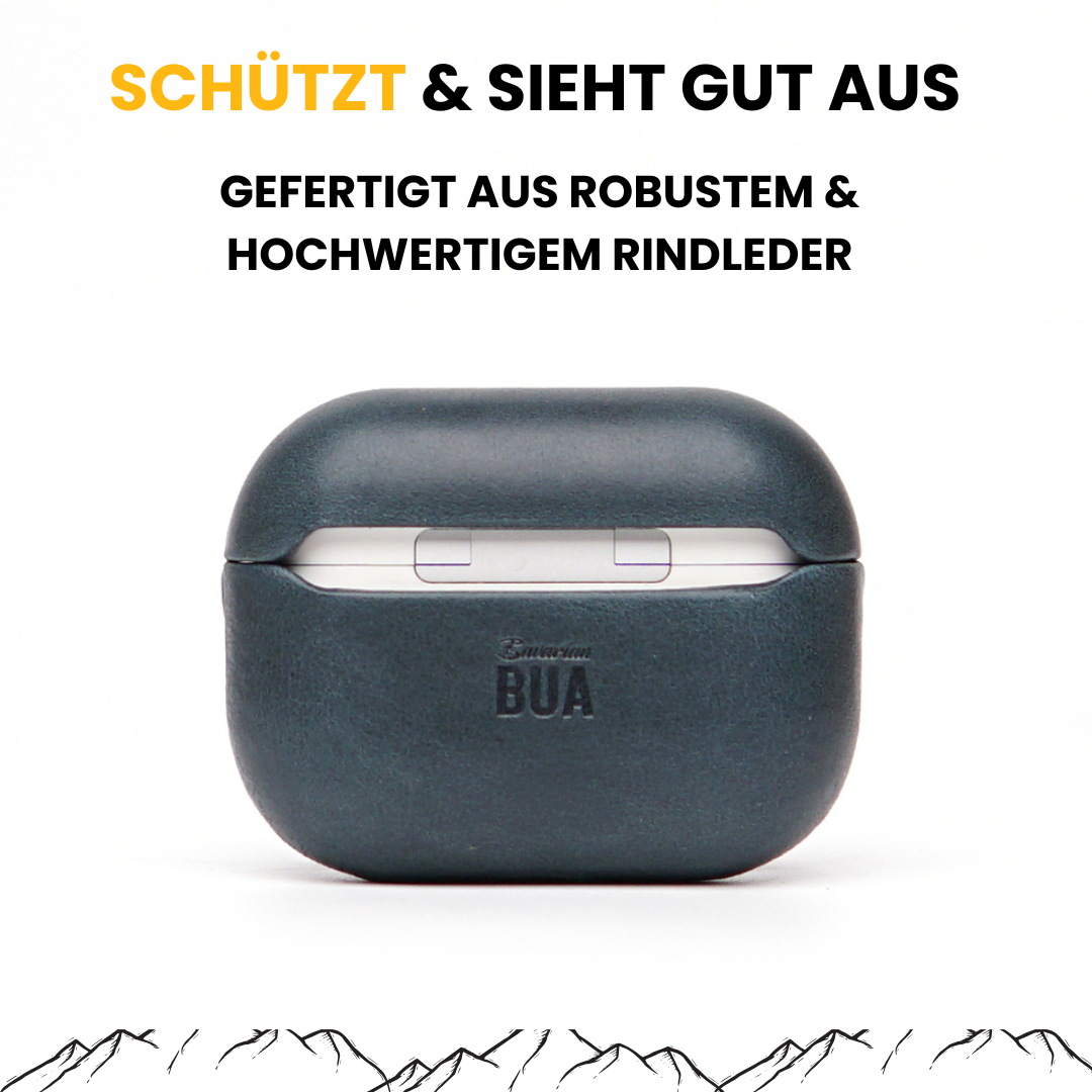 Leder Hülle für Airpods Pro Blau Leder auf weißem Hintergrund