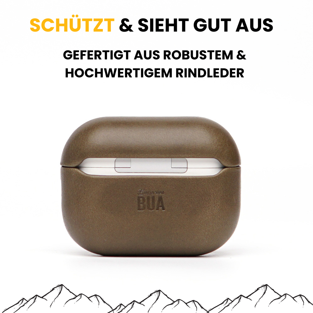 Leder Hülle für Airpods Pro Olive  Leder auf weißem Hintergrund