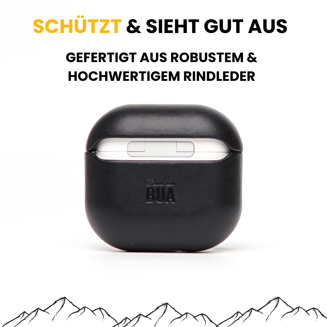 Leder Hülle für Airpods Schwarz Leder auf weißem Hintergrund