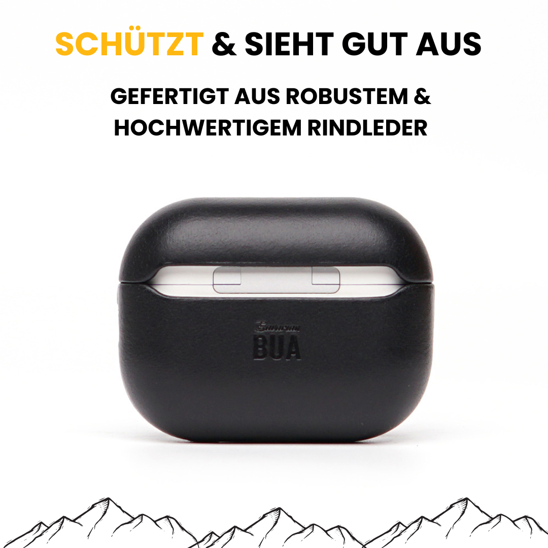 Airpods Pro Schwarz auf weißem Hintergrund Leder