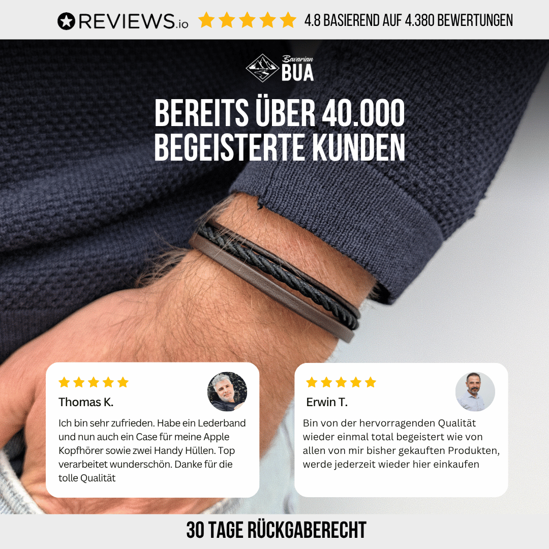 Kundenbewertungen zu Bavarian BUA mit zwei Kundenstimmen und Hinweis auf 30 Tage Rückgaberecht; Armband Trio am Handgelenk.