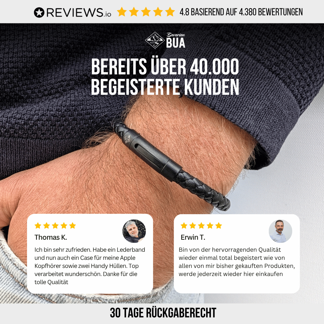 Erfahrungen von Kunden mit Bavarian BUA und Hinweis auf 30 Tage Rückgaberecht; im Hintergrund das schwarze Lederarmband Pur.