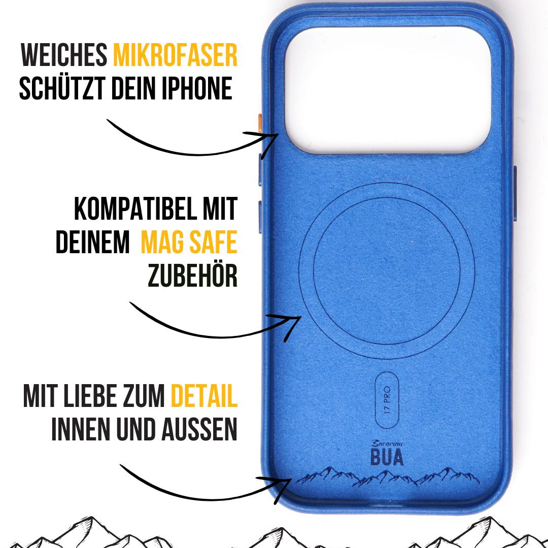 Blaue iPhone 17 Leder-Hülle mit MagSafe Produktinformationen