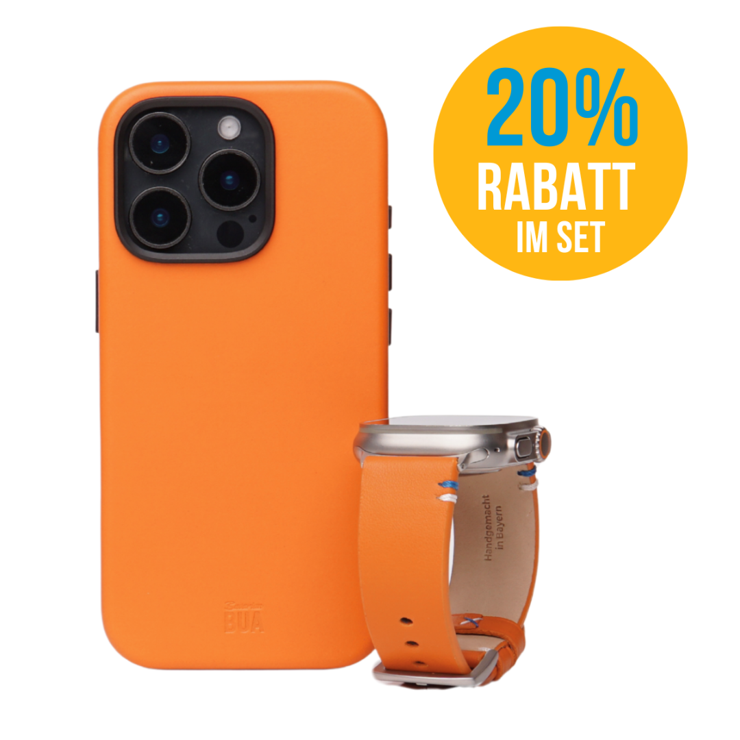 Set Lederhülle für iPhone 16 Pro mit Band für die Apple Watch Ultra | Orange