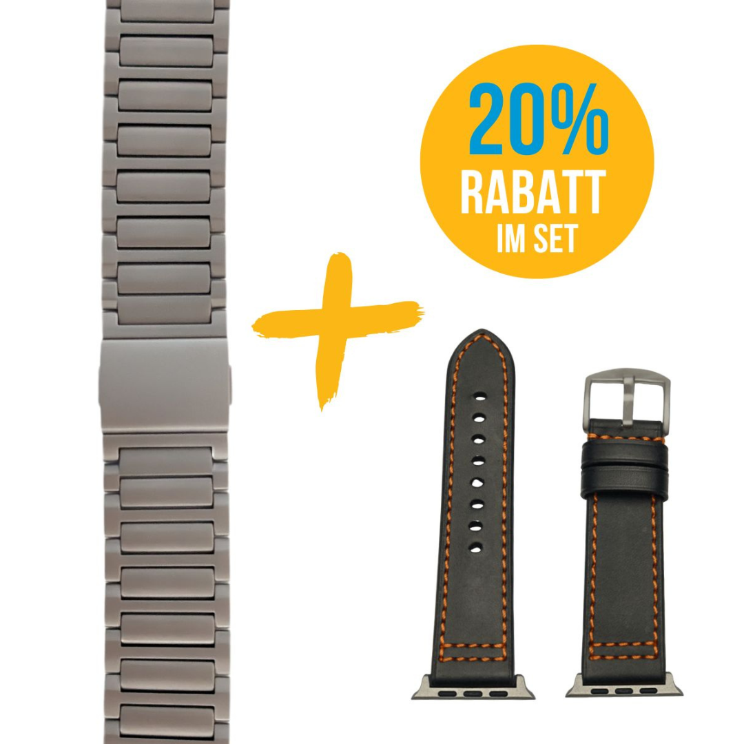 Set für Apple Watch Ultra | Titanband Magnet + Robustes Echtlederband Schwarz