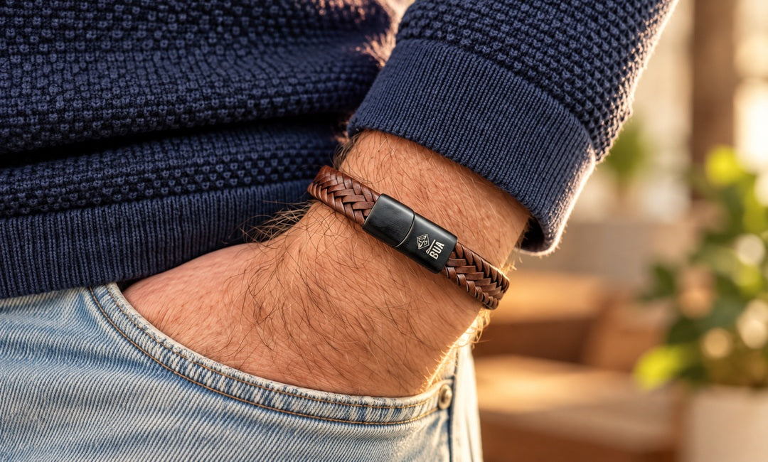 Braunes geflochtenes Lederarmband von Bavarian BUA am Handgelenk zu dunkelblauem Strick und Jeans.